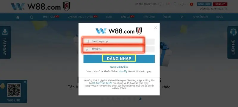 Hướng dẫn đăng nhập tài khoản W88 trên PC
